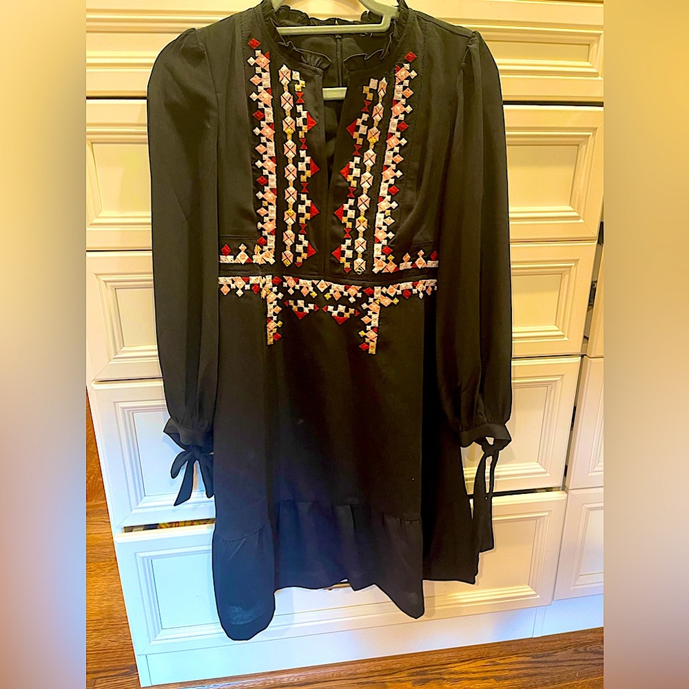 Black Ann Taylor long sleeve dress with colorful stitching detail